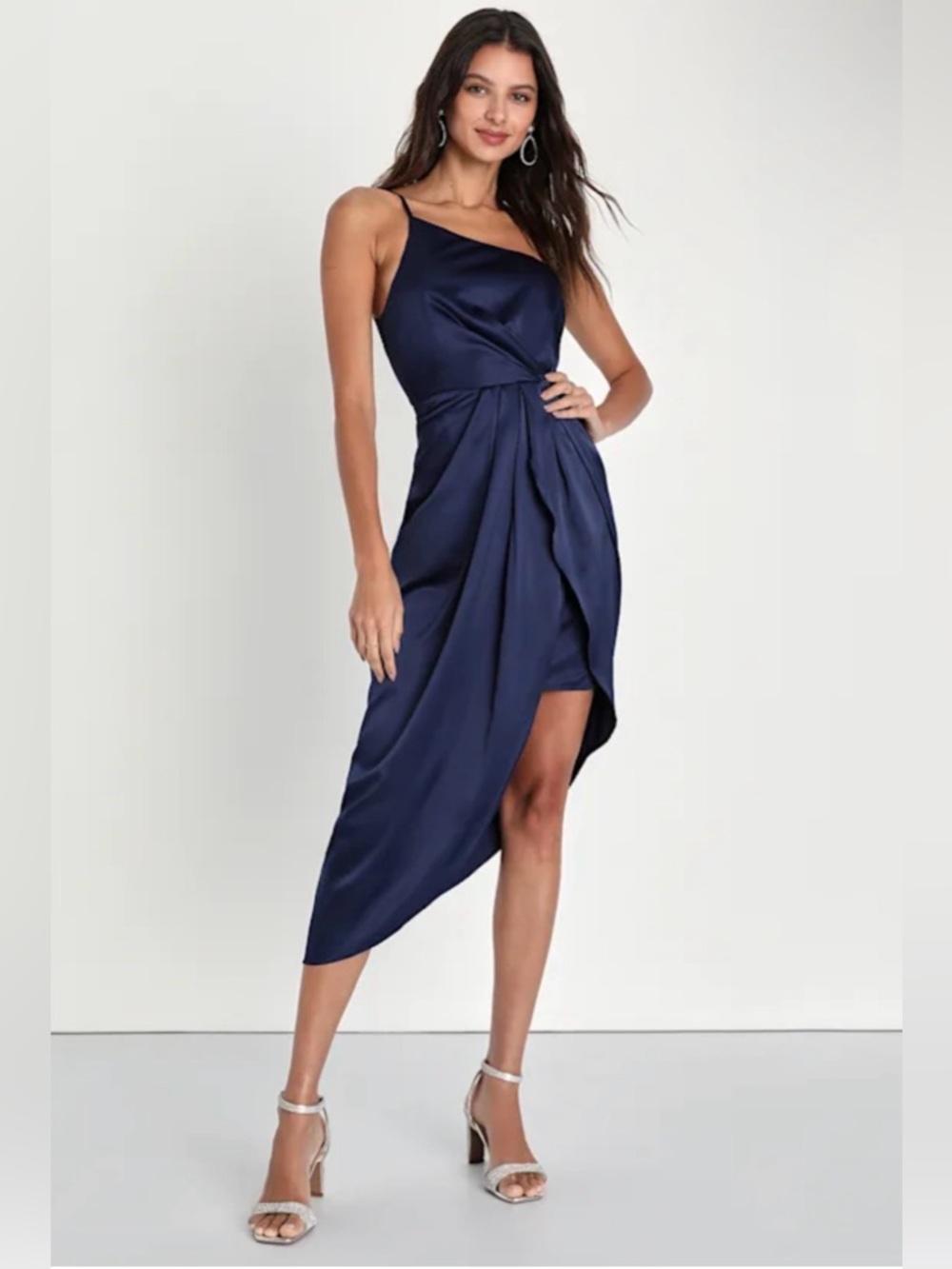 Lulus Law of Attraction Navy Blue One-Shoulder Asymmetrical Midi Dress